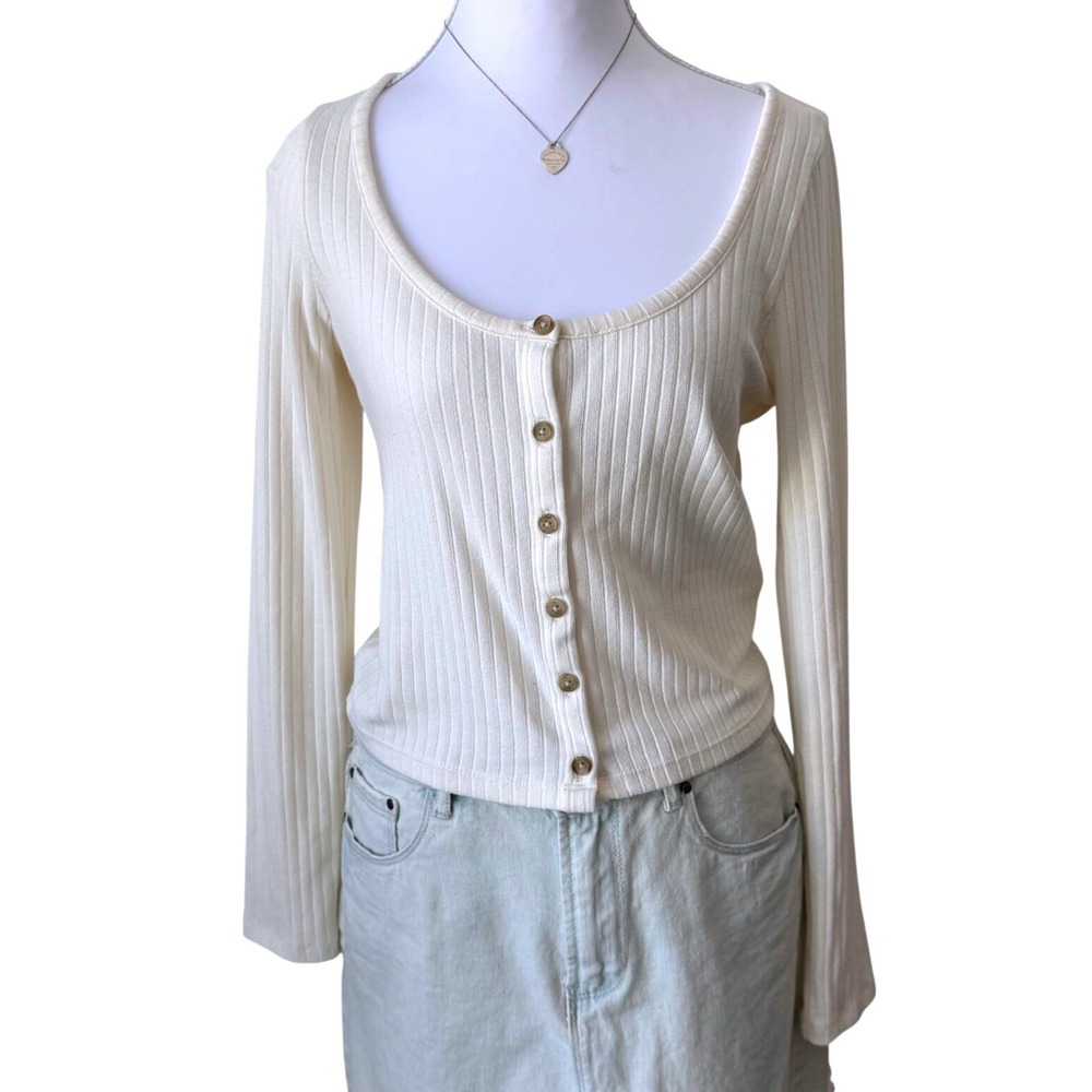 Madewell Ribbed Knit Button Front Cardigan Top Ivory Cream Minimalist Medium